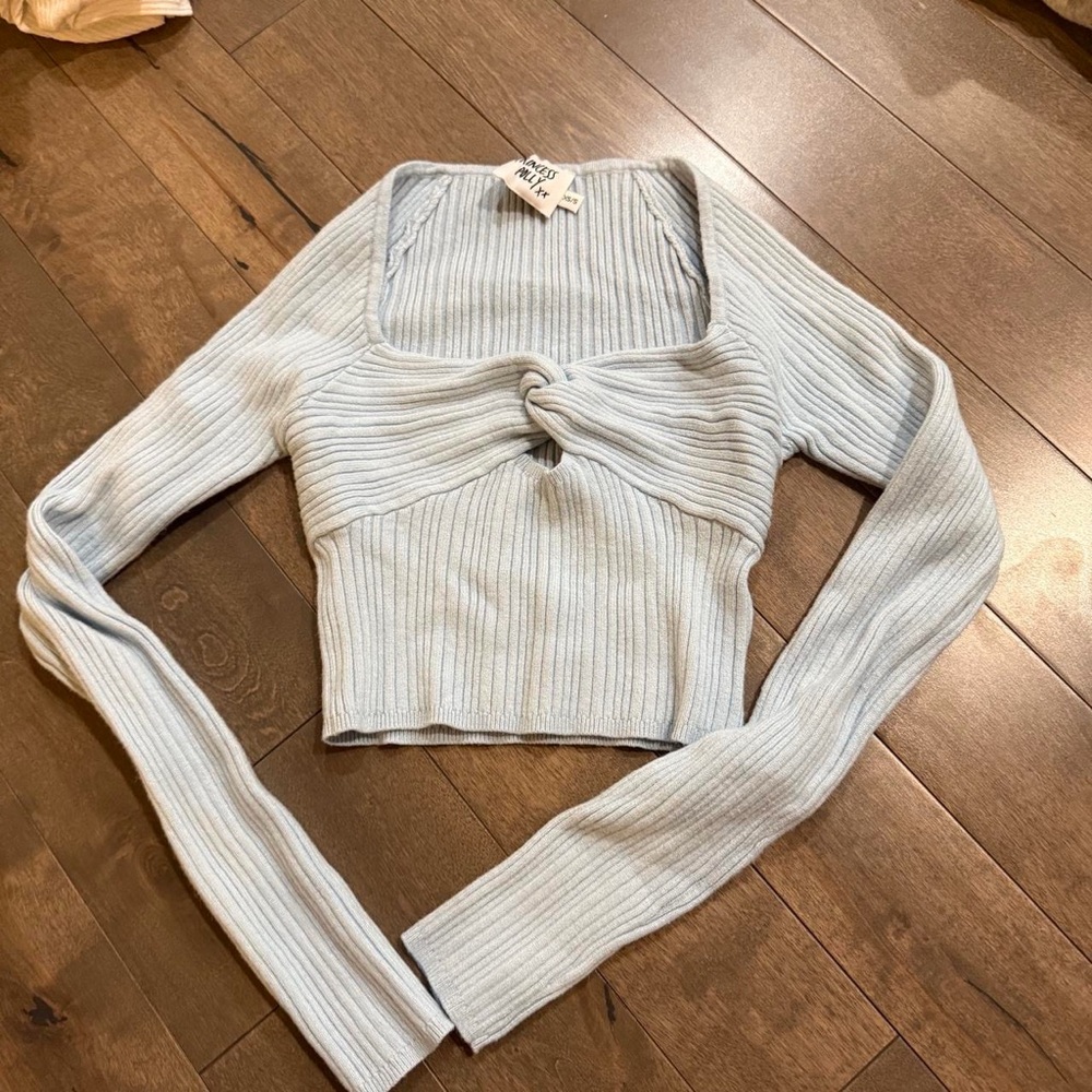 Princess Polly Light Blue Ribbed Knot-Front Long Sleeve Crop Top